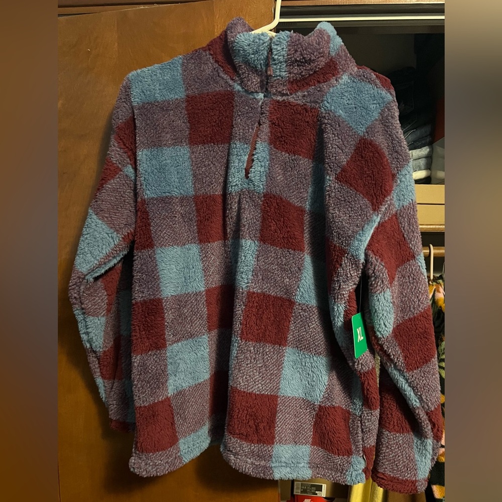 Eddie Bauer Burgundy and Blue Checkered Fleece Hoodie